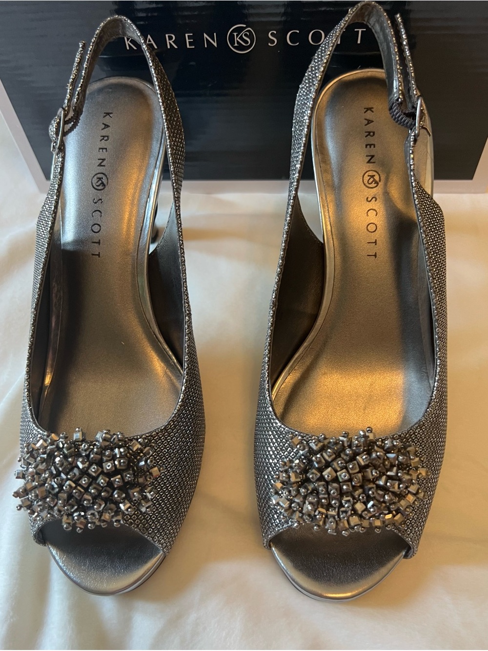 Karen Scott Metallic Silver Beaded Slingback Heels
